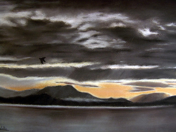 Crépuscule sur le Léman, pastel, 45x30cm, d'après une photo de Jacques Lauber.