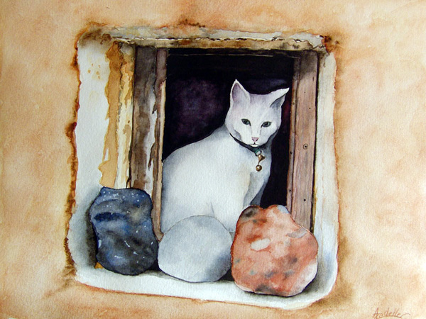 La belle d'Oya, aquarelle, 30x21cm, d'après une photo prise par Azadelle sur Santorin.