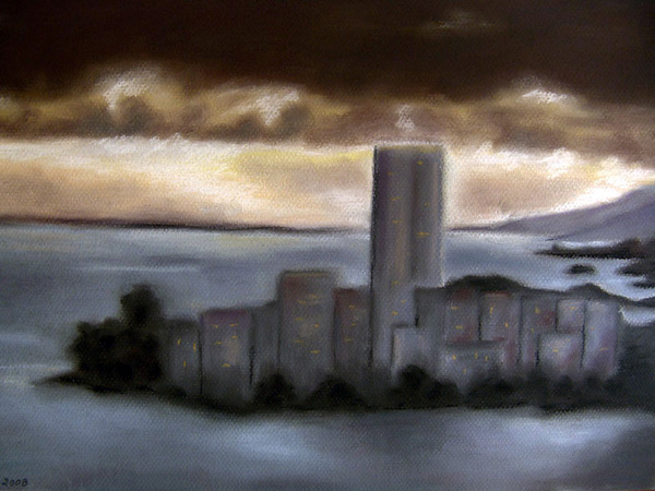 Crépuscule sur Montreux, pastel, 45x30cm, d'après une photo de Jacques Lauber.