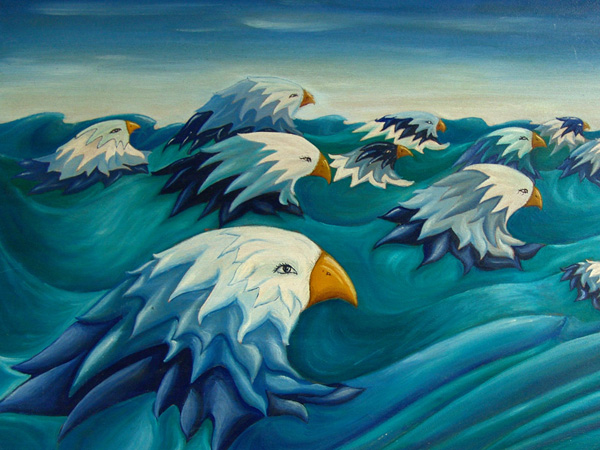 Aigles de mer, gouache sur bois, 60x35cm.