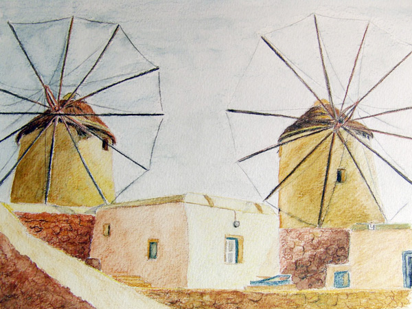 Moulins à Mykonos, crayon aquarelle, 30x21cm, d'après une photo prise par Azadelle dans les Cyclades.