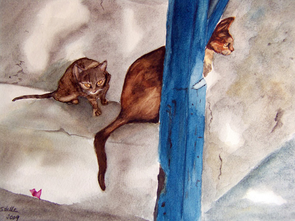 Chatte et chaton, aquarelle, 30x21cm, d'après une photo prise par Azadelle dans les Cyclades.
