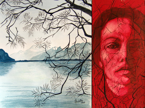 A gauche: Haut-Lac, crayon aquarelle, 21x30cm, d'après une photo prise par Azadelle sur les quais de Montreux. A droite: Visage en rouge et noir, gouache, 11.5x25cm.