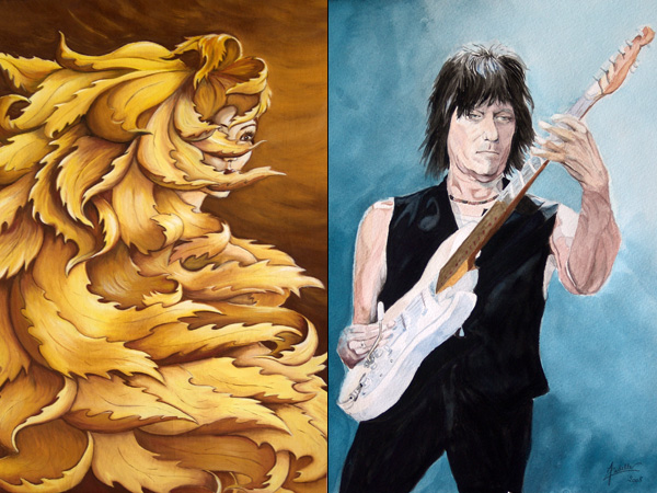 A gauche: Fée d'automne (détail), gouache sur bois, 29.7x42cm. A droite: Jeff Beck, aquarelle, 30x40cm, d'après une photo de Jacques Lauber (Montreux Jazz Festival 2007).