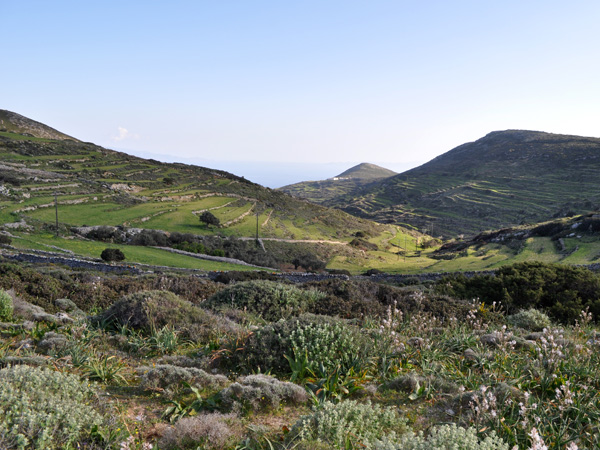 Paysage de Paros depuis la route non asphaltée descendant du mont Aghii Pantes vers le sud de Paros, avril 2013.